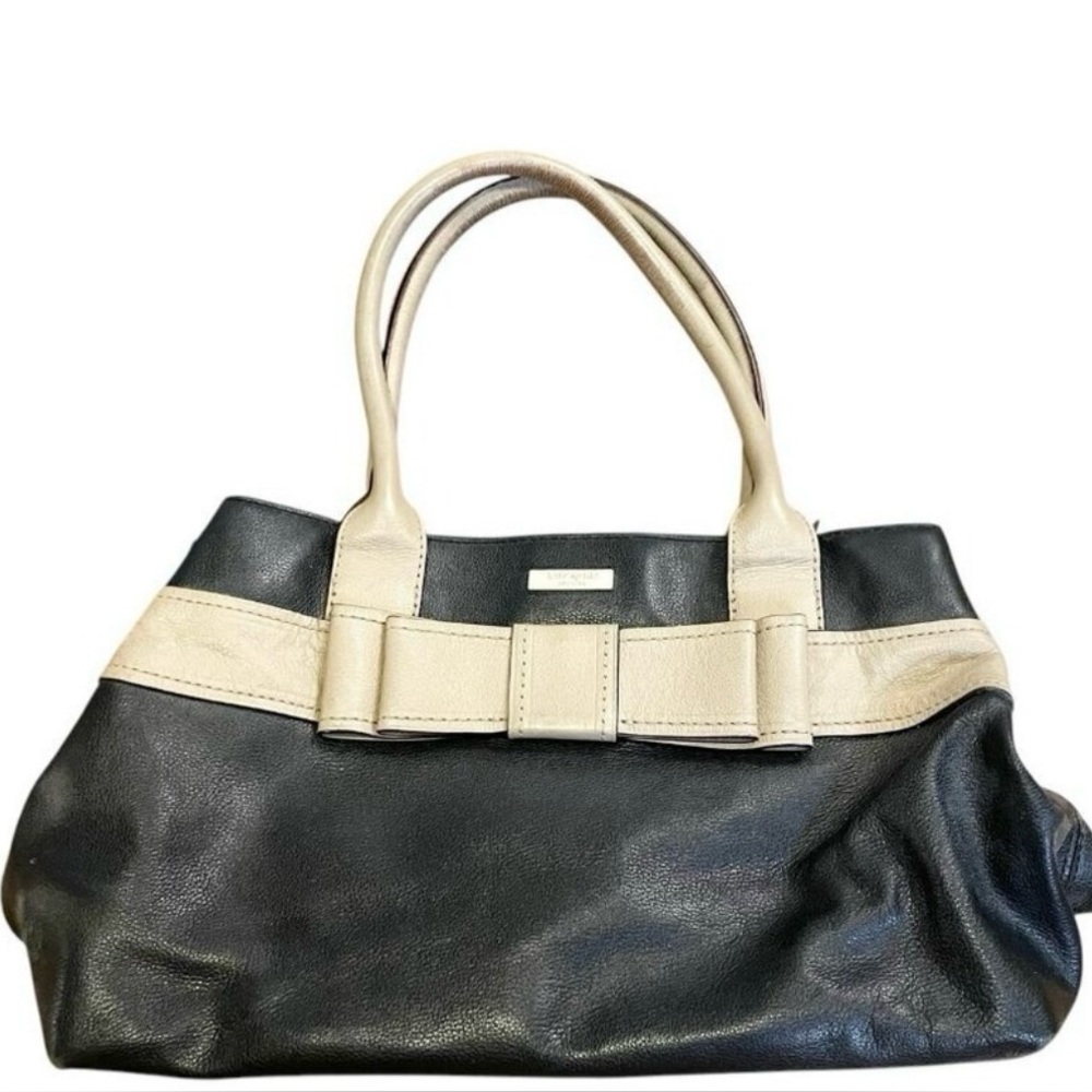 Kate Spade Elena Villabella Structured Leather Handbag Tote Beige Black Y2K
